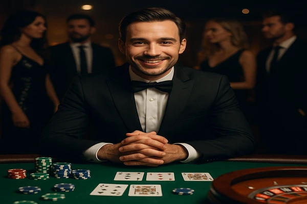 নিয়ন আলোয় সজ্জিত আধুনিক ক্যাসিনো পরিবেশে রুচিসম্মত উপস্থাপন