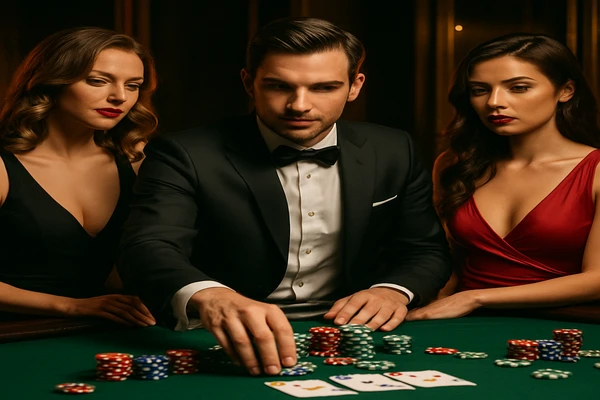 একজন নারী ল্যাপটপে অনলাইন খেলা উপভোগ করছেন, চারপাশে আলোকিত ক্যাসিনো পরিবেশ ছড়িয়ে পড়ছে